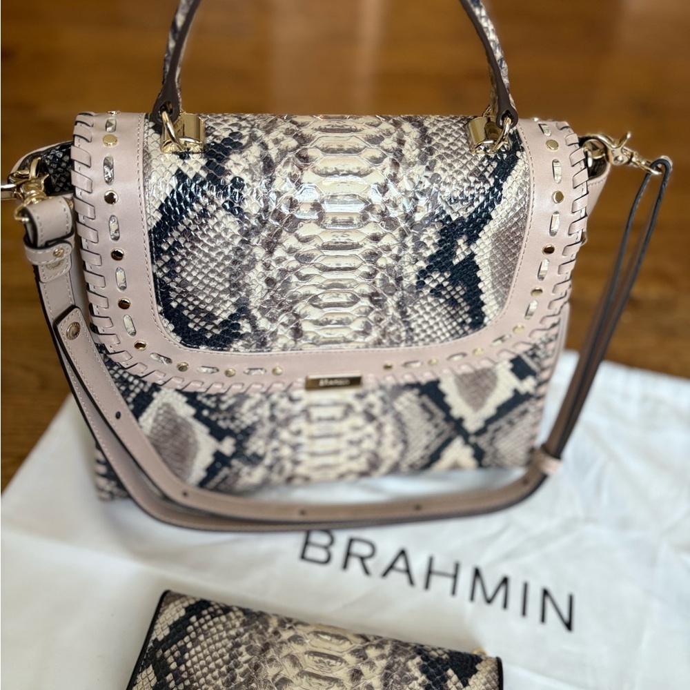 Brahmin Beige and Black Snake Print Satchel